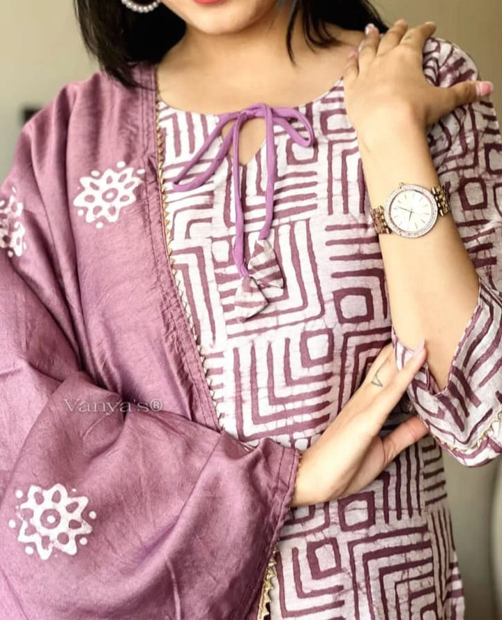 Dusky Purple Procion Printed Suit Set with Dupatta – Friendmade